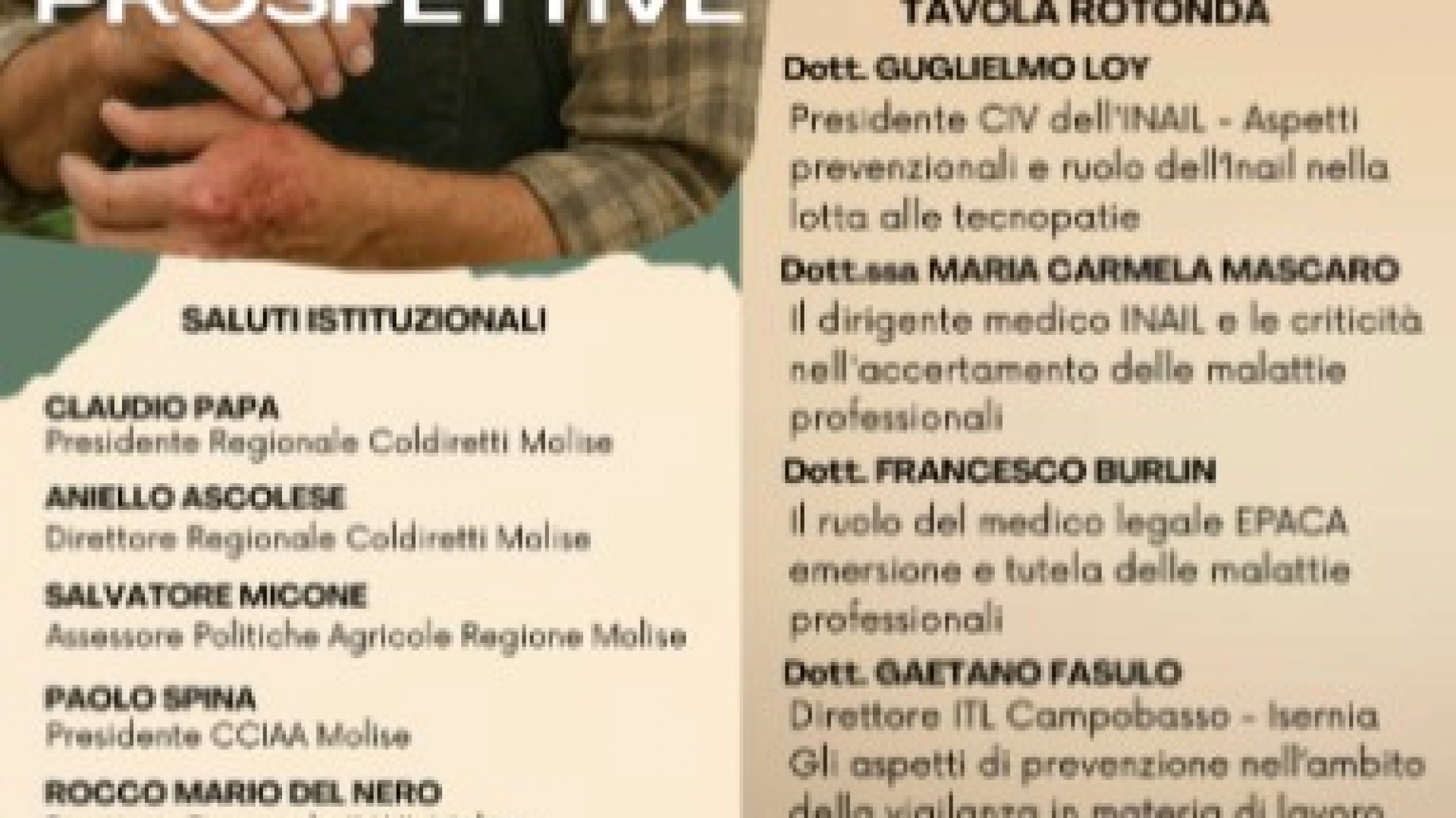 Lavoro: Epaca-Coldiretti Campobasso e Inail insieme per parlare di malattie professionali e loro prevenzione.